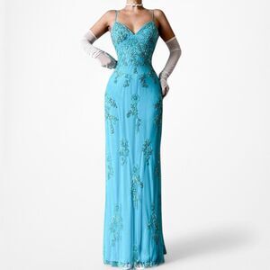 Vintage Blue Floral Beaded Knit Bodycon Maxi Mesh Prom Dress Size S